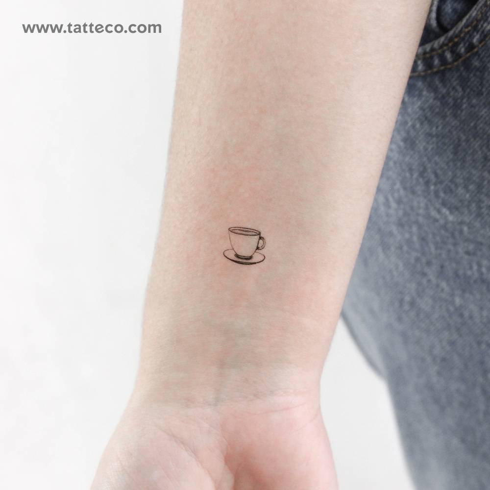 Little fine line style teacup temporary tattoo located on the wrist.