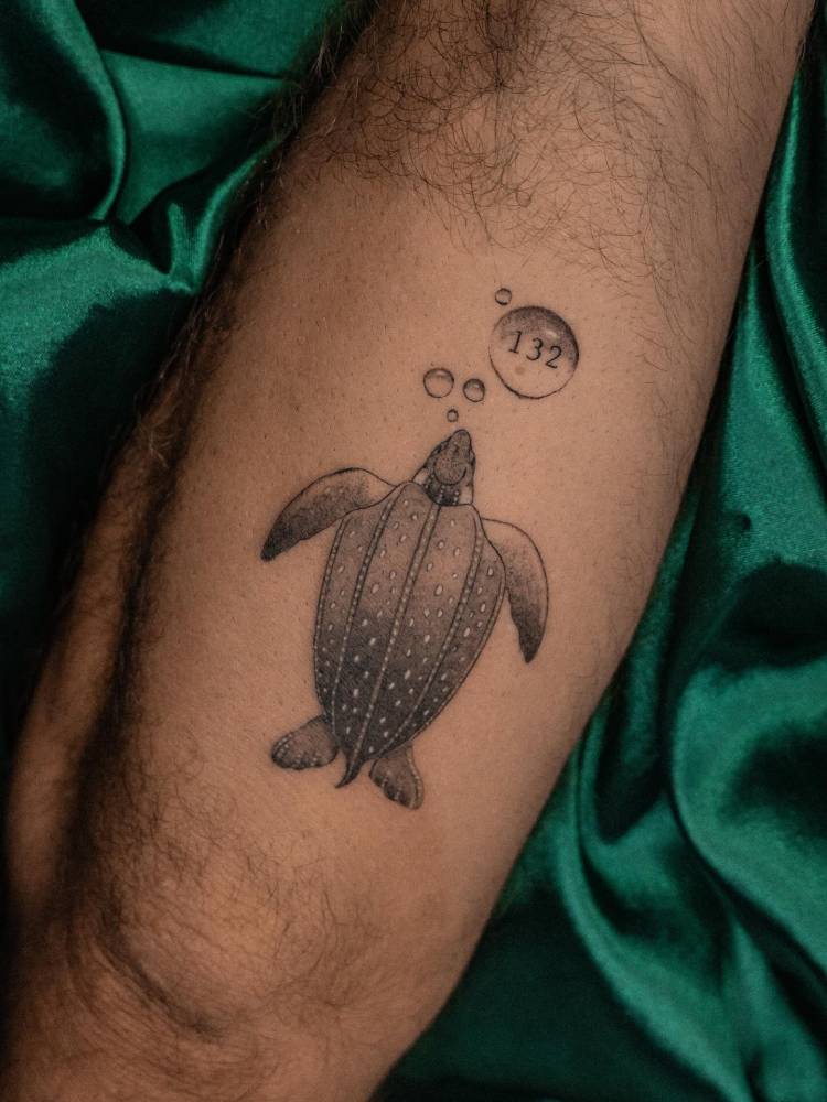 Turtle and number "132" tattooed on the forearm, illustrative style.