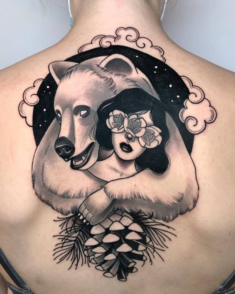 Neotraditional bear and woman tattoo on the back.