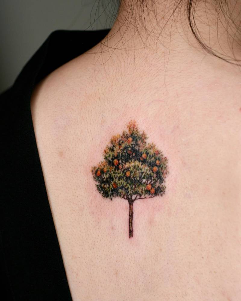 Orange tree tattoo placed on the upper back, watercolor style.