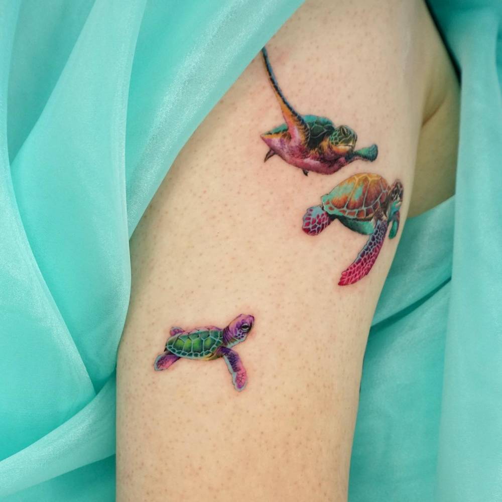 Micro-realistic style turtles tattoo placed on the upper arm.