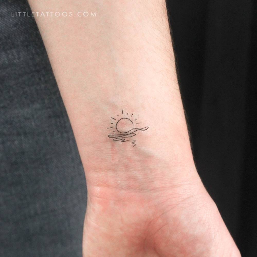 Continuous Line Sea Sunset Temporary Tattoo