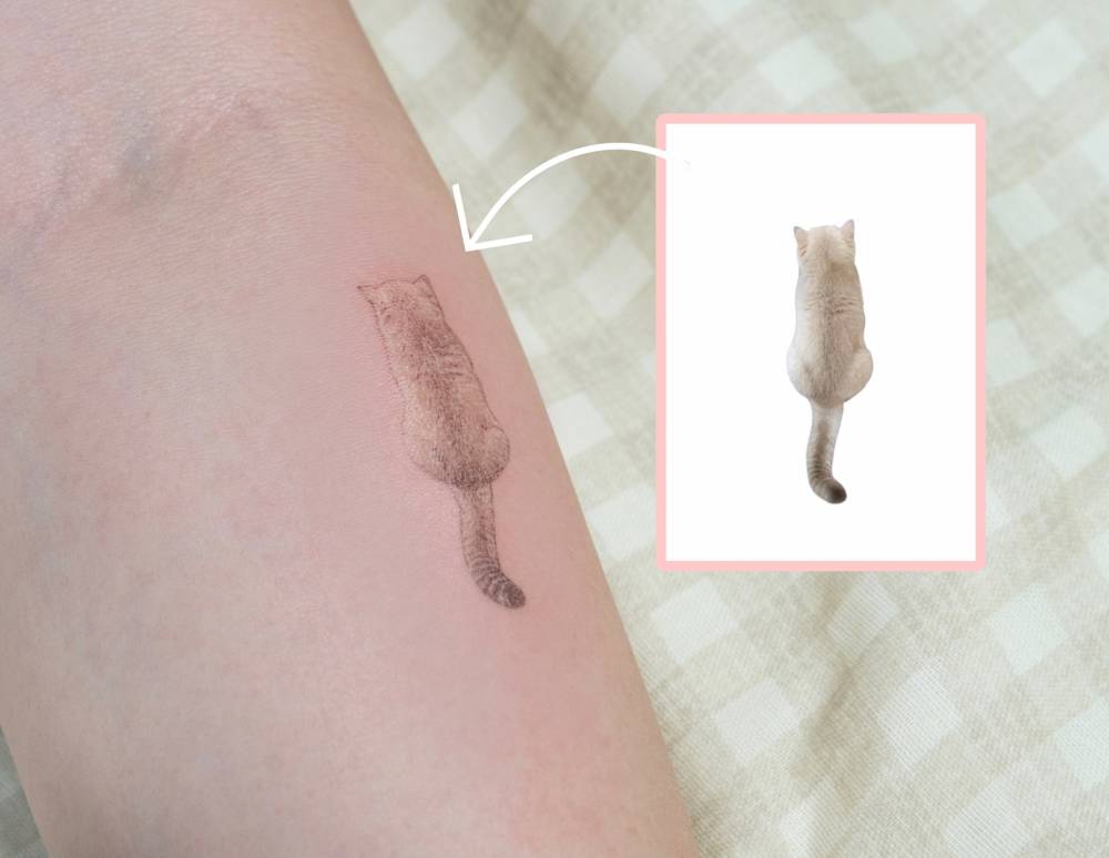 Micro-realistic style cat tattoo located on the inner forearm.