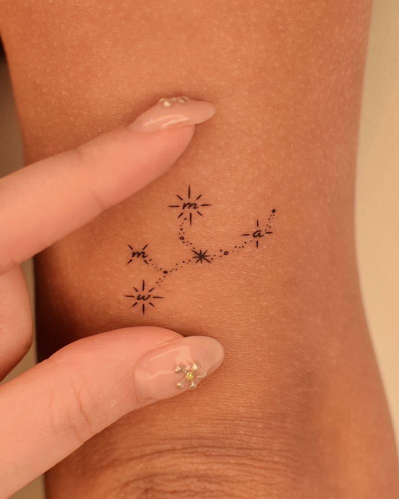 Virgo constellation and initials tattoo located on the tricep.