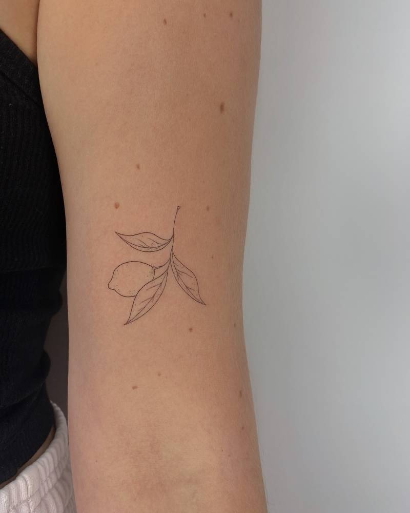 Lemon tattoo located on the bicep, done in fine line style.