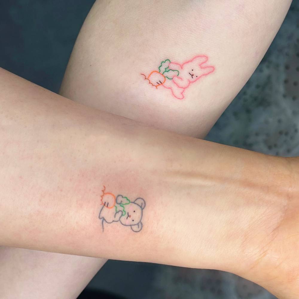 Koala bear and rabbit matching tattoos for best friends.
