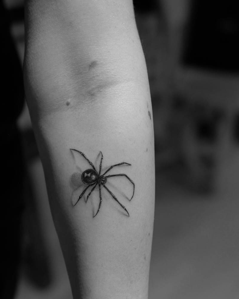 Micro-realistic style spider tattoo located on the inner forearm.