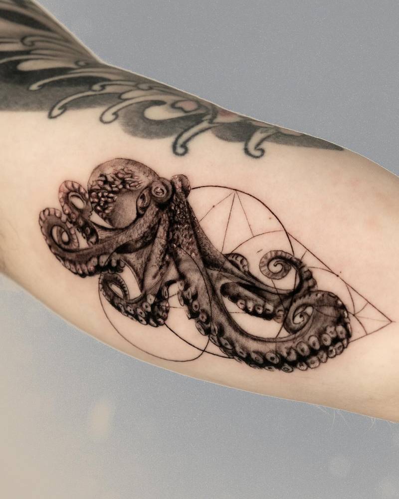 Graphic style octopus tattoo located on the inner arm.