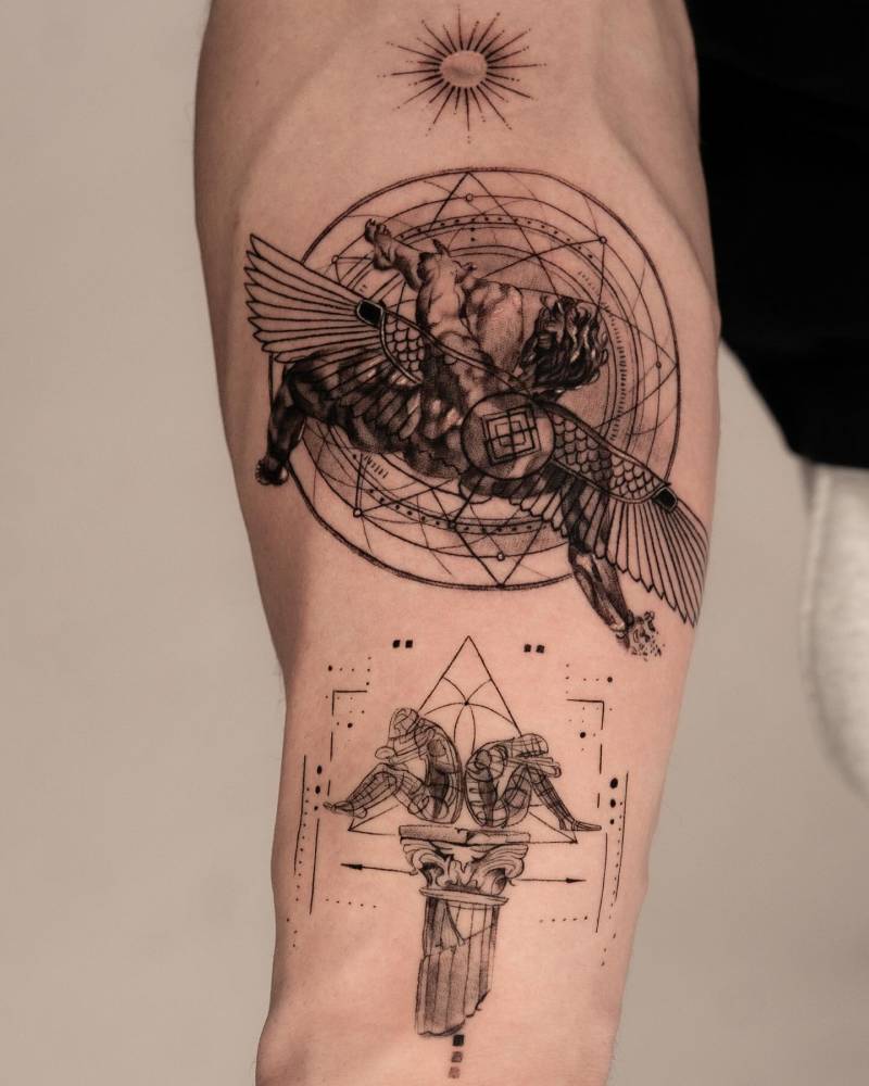 Graphic style Phaeton and Alexander Milov's artwork tattooed on the inner forearm.