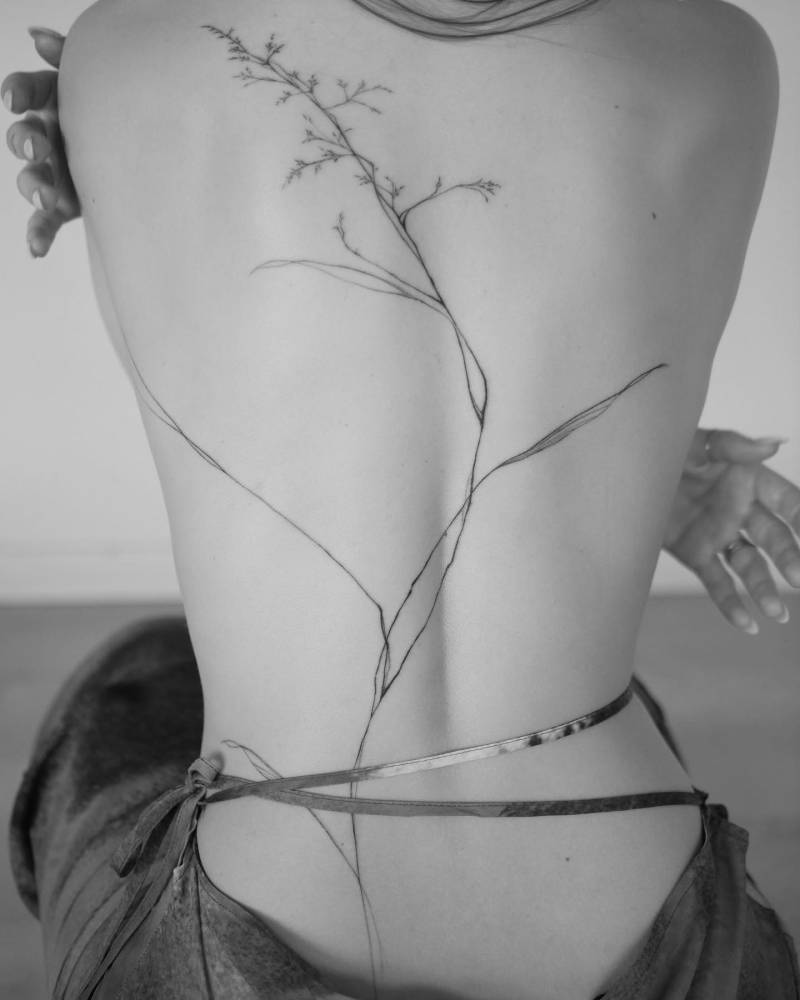 Grass tattoo in illustrative style located on the back.