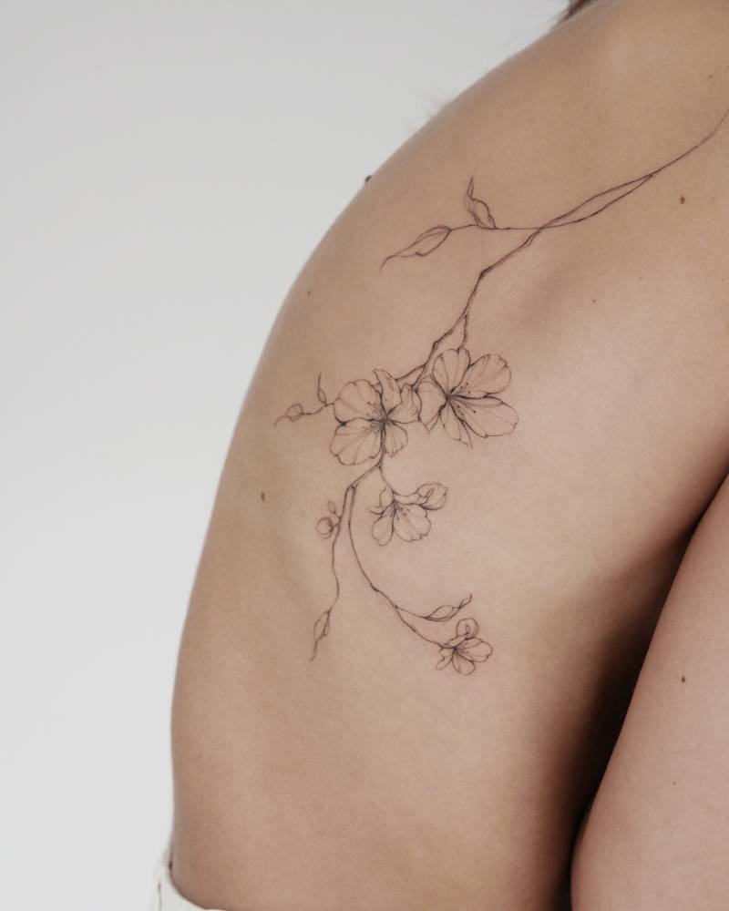 Cherry blossom collection tattooed on the back.
