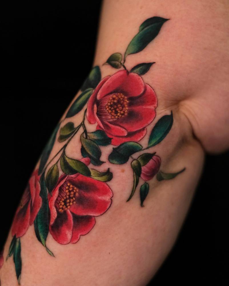 Camellias tattoo located on the forearm, illustrative style.