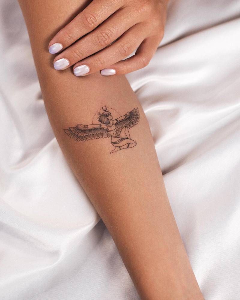 Isis tattoo located on the inner forearm.