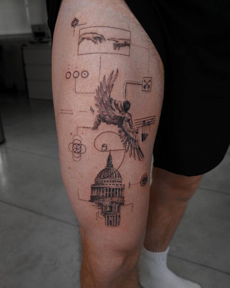 Graphic style Phaeton tattoo located on the thigh.