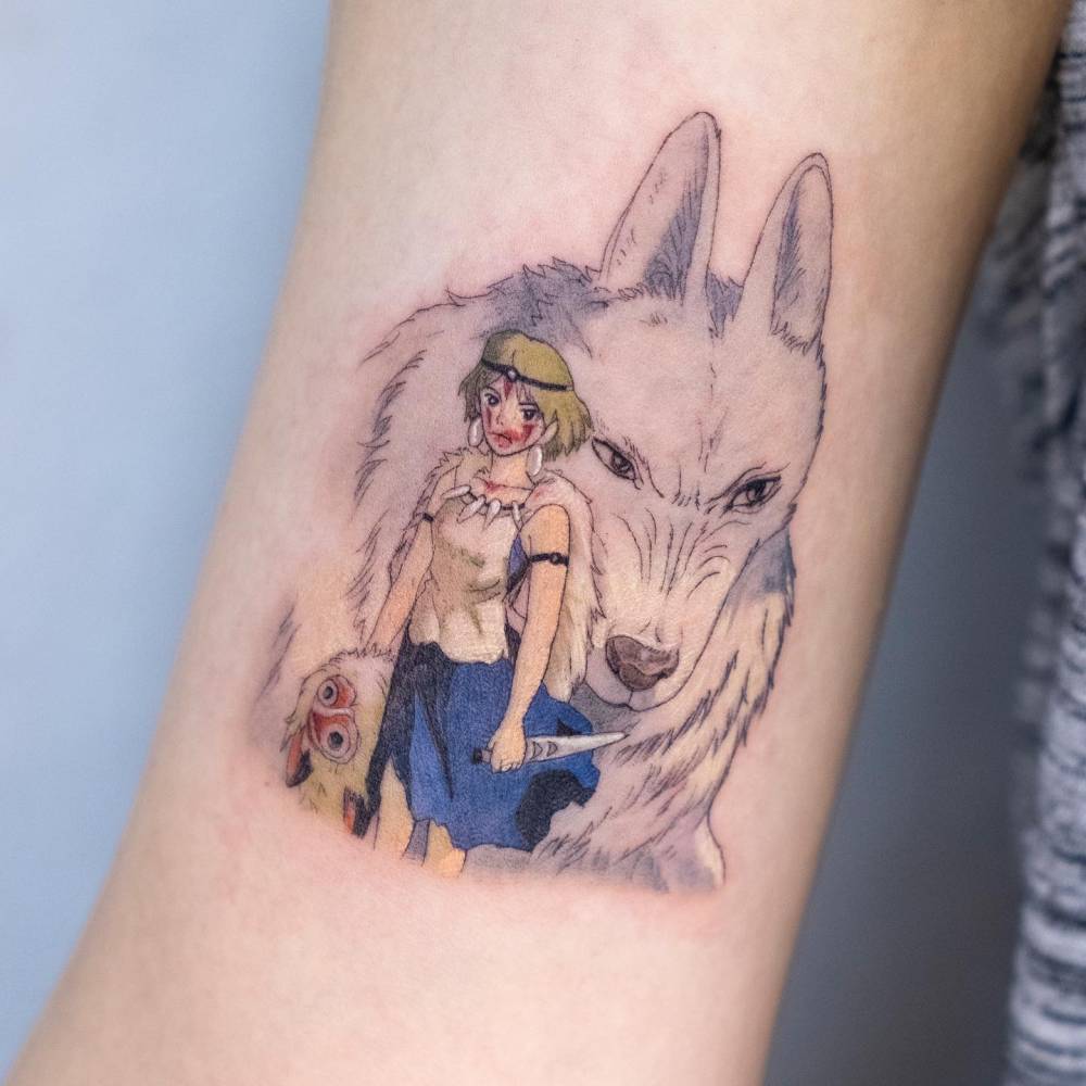 Cartoon style Princess Mononoke tattoo located on the bicep.