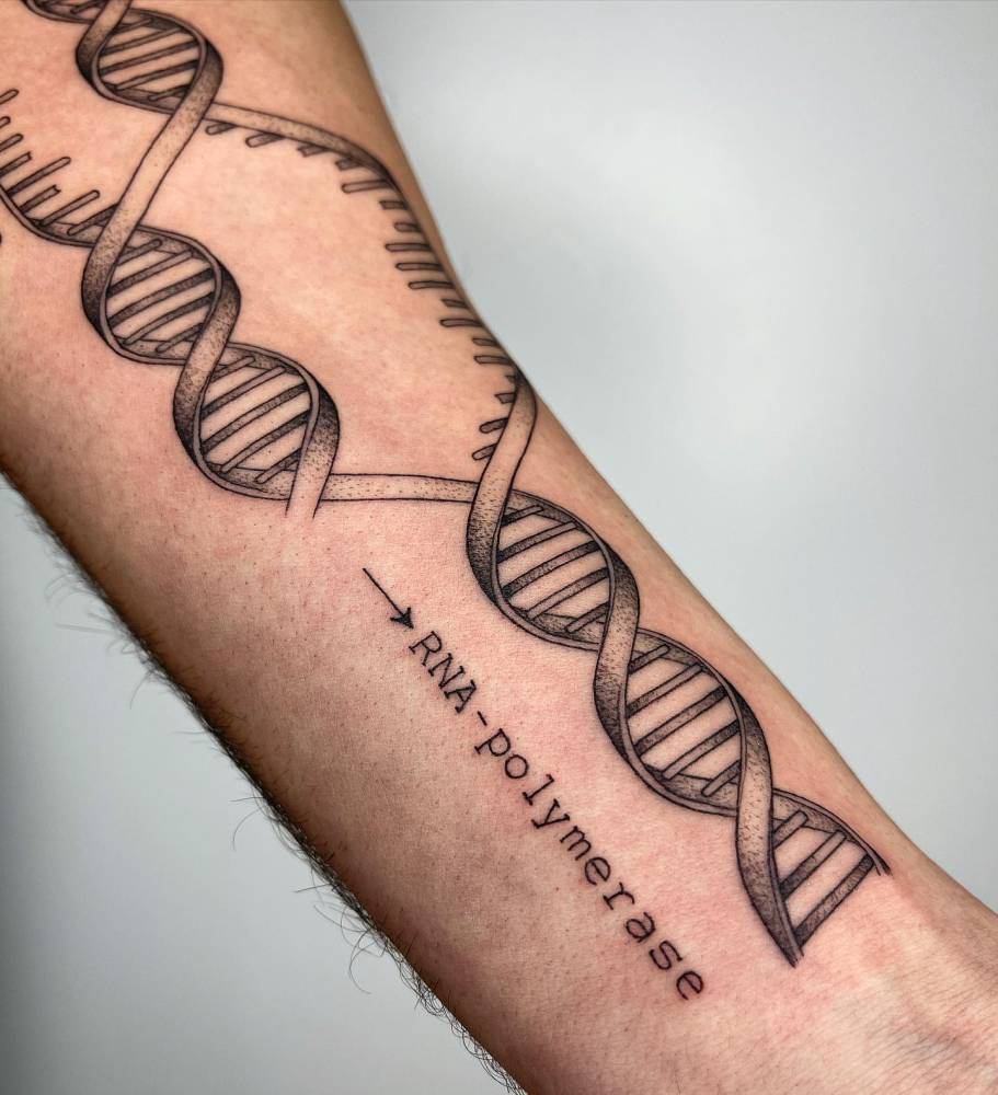 DNA scientific illustration tattoo located on the inner forearm.