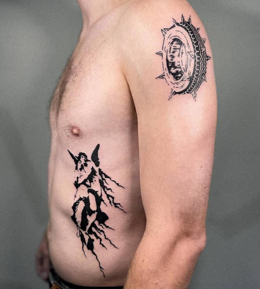 'The Abduction of Psyche' and tire tattoos in stencil style.