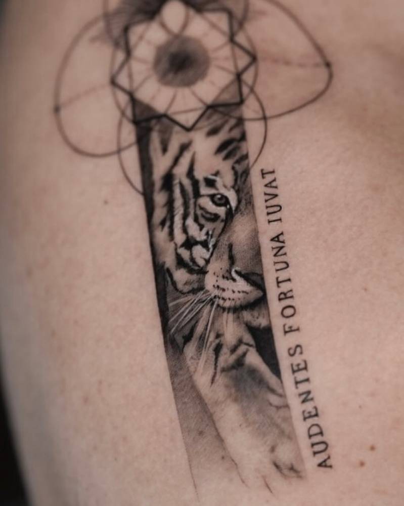 "Audentes fortuna iuvat" and tiger tattoo located on the shoulder.