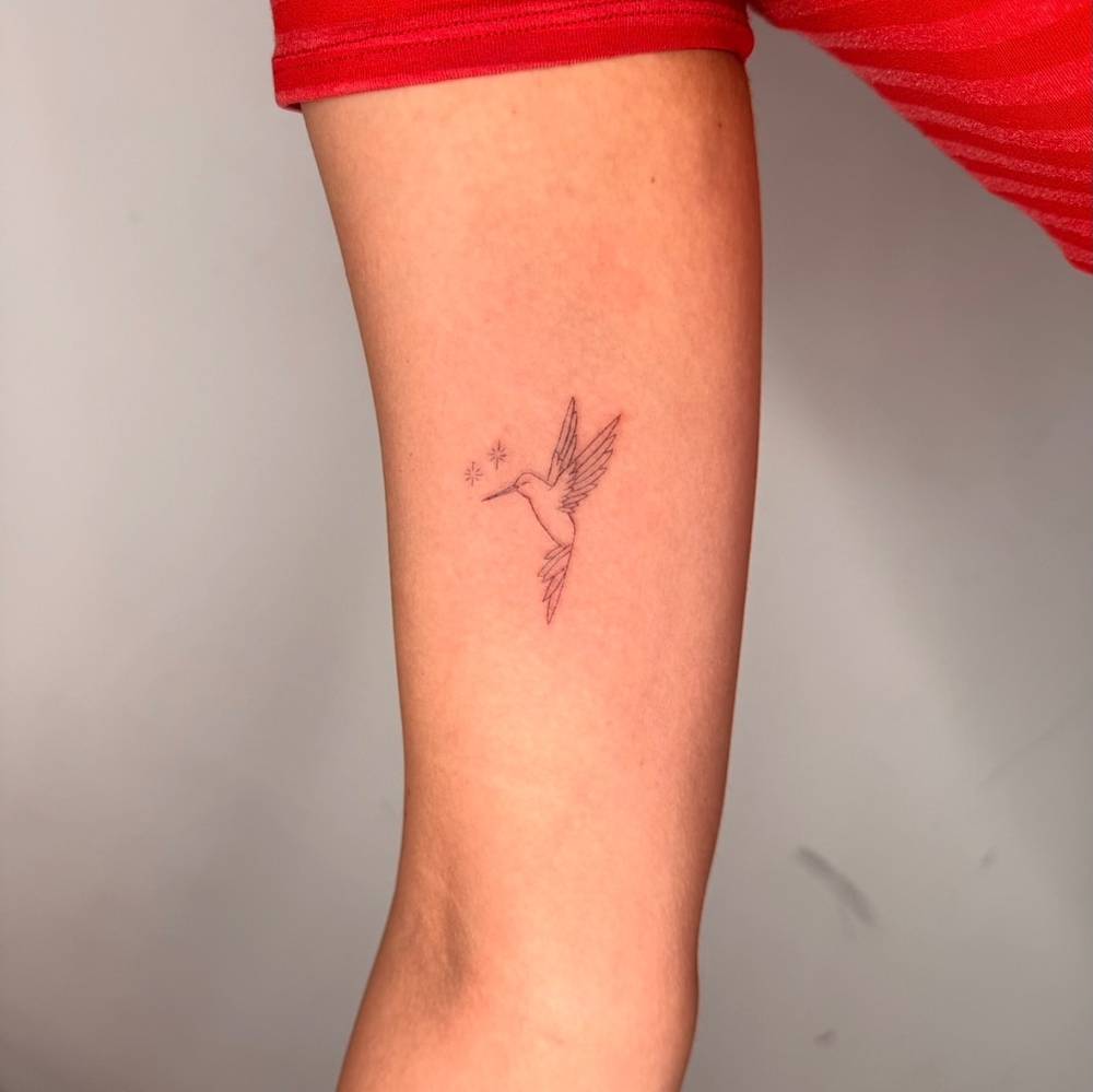 Single needle hummingbird tattoo located on the inner arm.