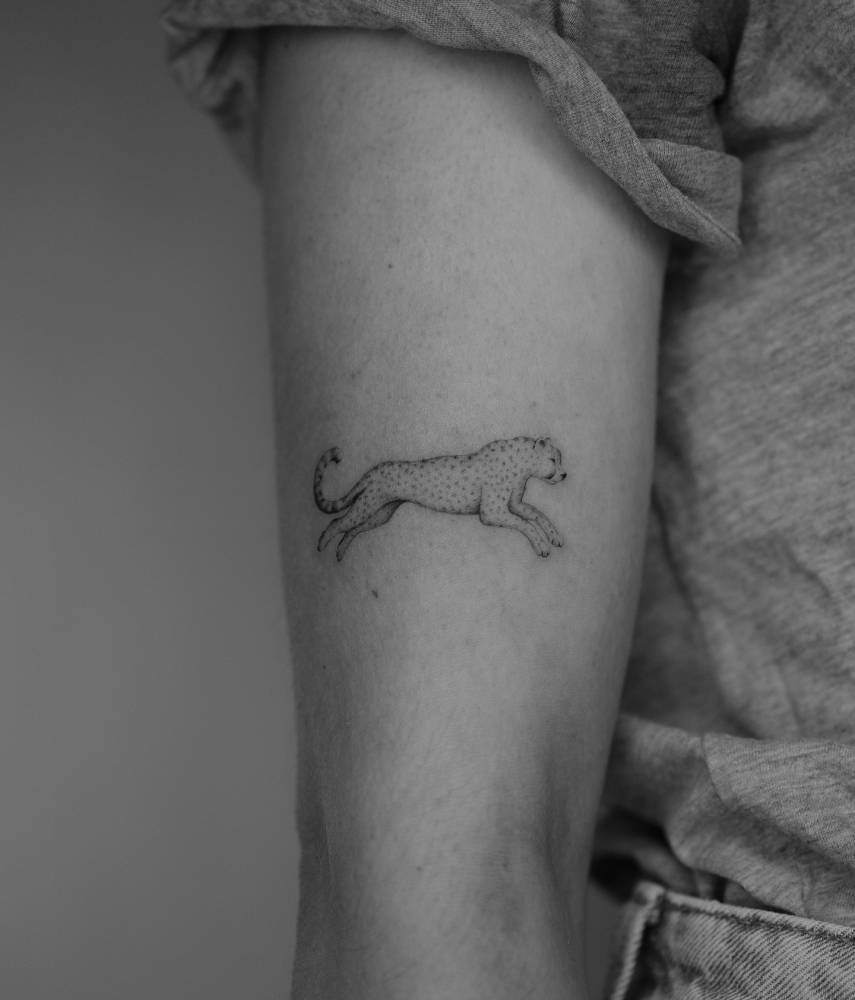 Little cheetah tattoo in micro-realism located on the upper arm.
