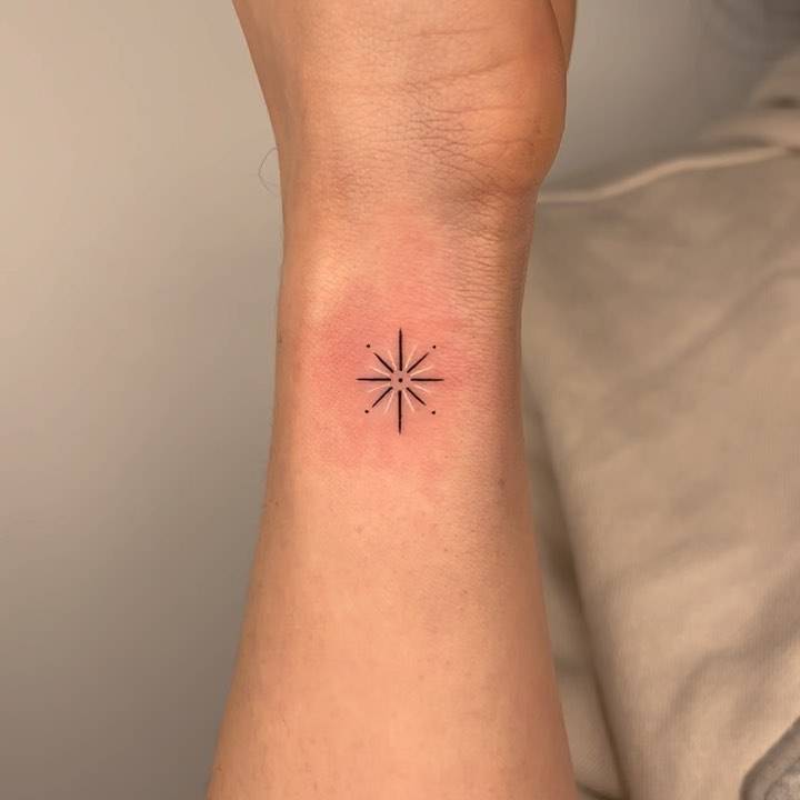 Minimalistic north star tattoo located on the wrist.