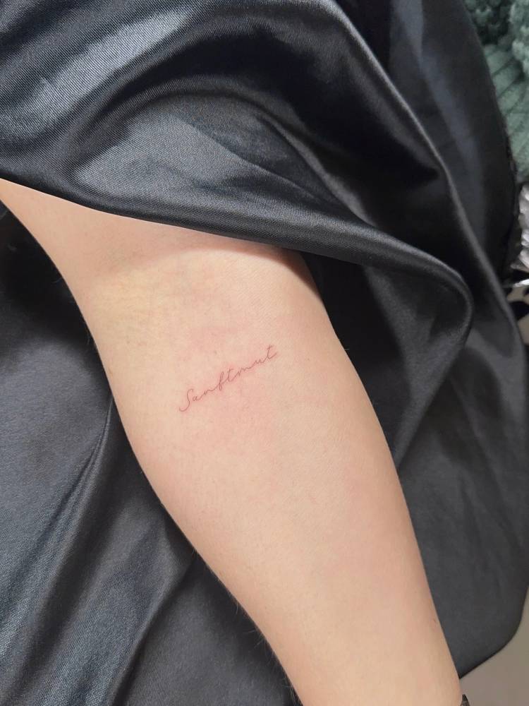 "Sanftmut" lettering tattoo in handwritten font placed on the inner forearm.