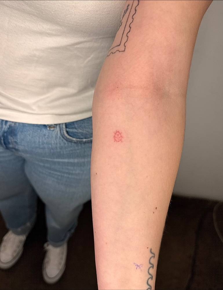 Red ladybug tattoo in minimalistic style placed on the inner forearm.