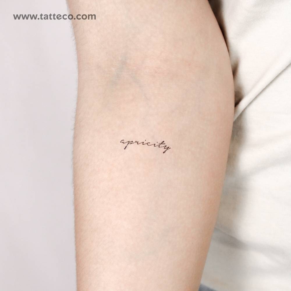 Handwritten font word "apricity" temporary tattoo located on the inner forearm.