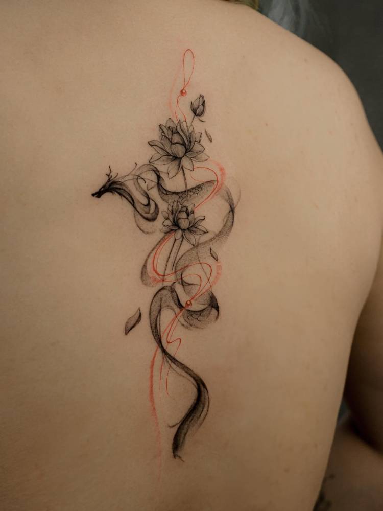 Dragon and lotus flowers tattoo located on the spine, illustrative style.