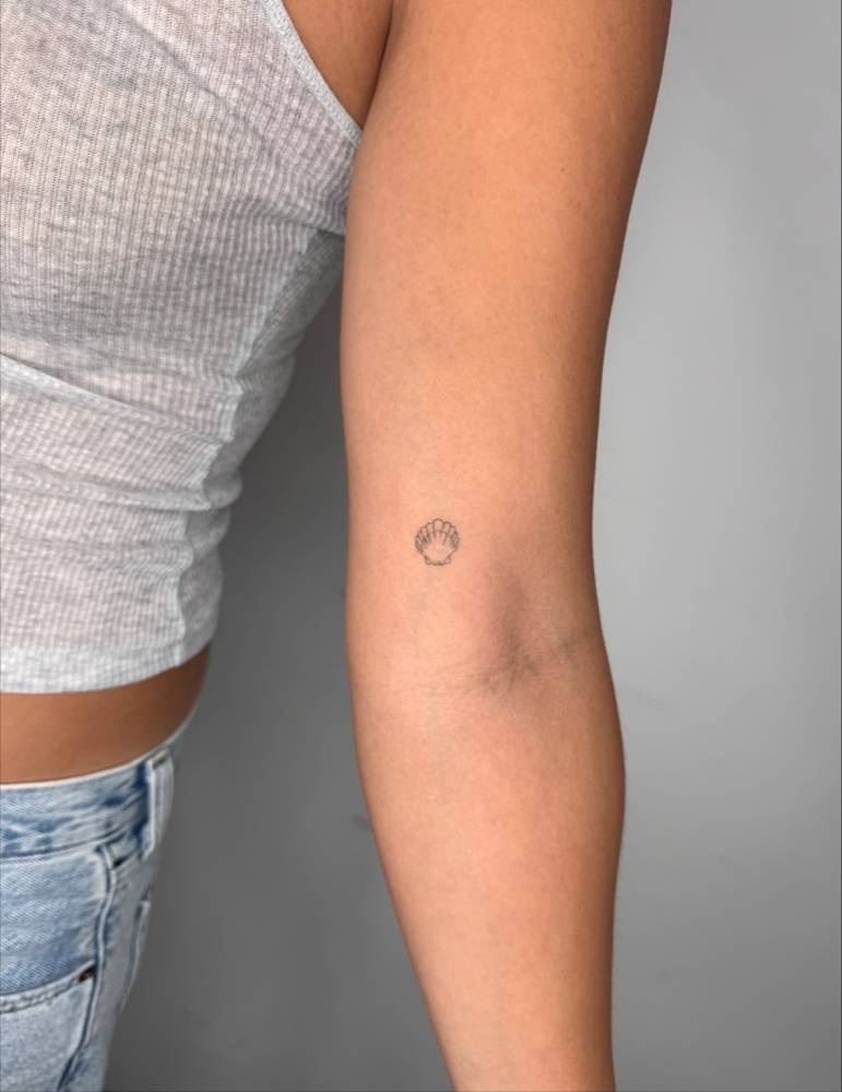 Healed scallop shell tattoo located on the inner arm.