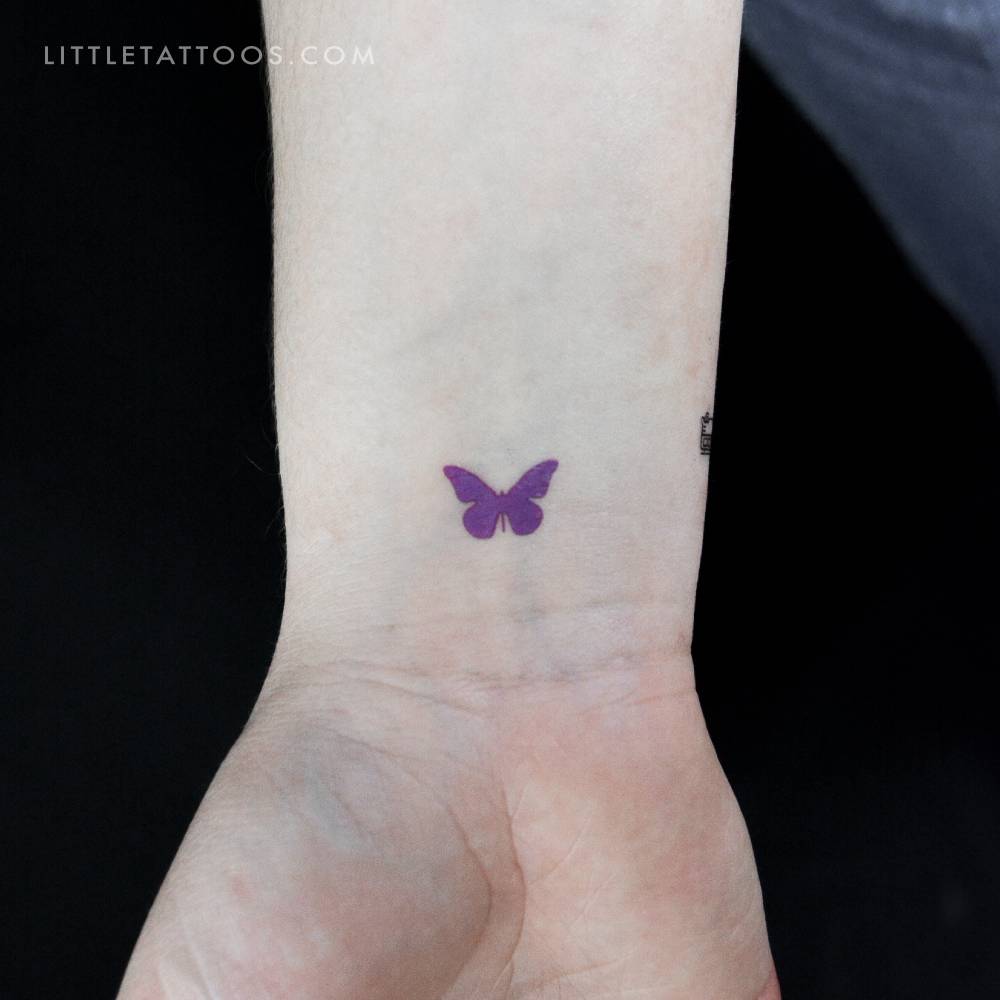 Purple butterfly temporary tattoo in minimalistic style.