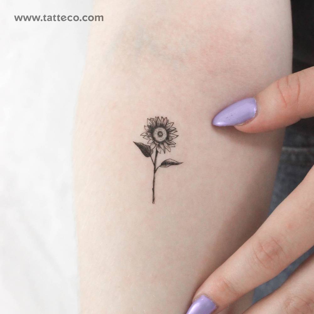 Sunflower temporary tattoo in illustrative style located on the inner forearm.