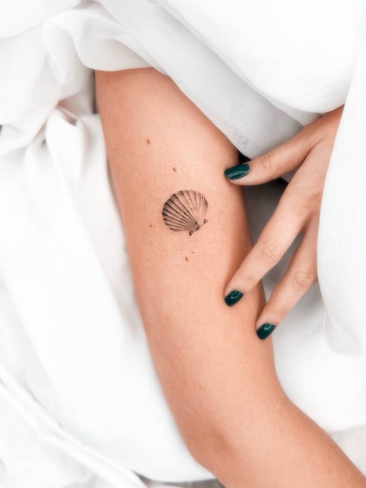 Scallop shell tattoo located on the upper arm, micro-realistic style.