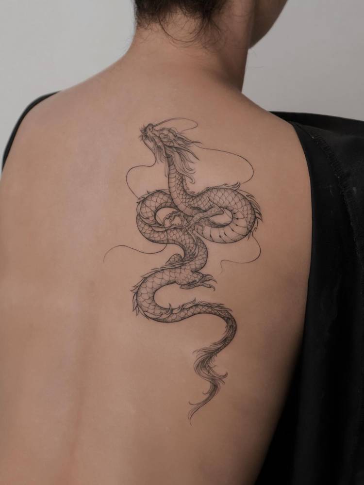 Dragon tattoo located on the back, done in illustrative style.
