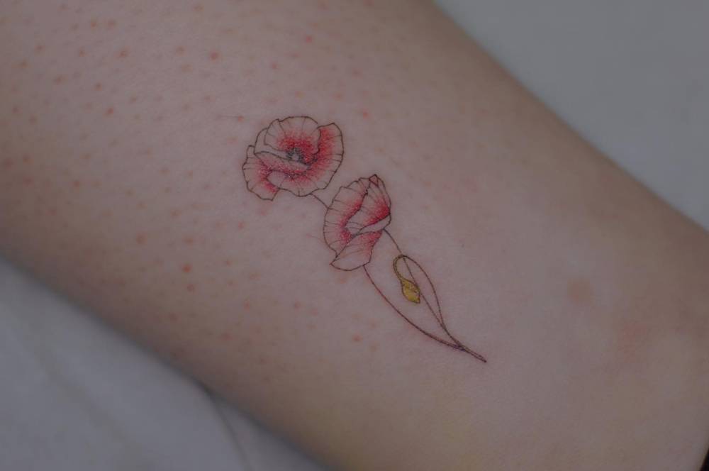 Poppy flower tattoo in illustrative style located on the ankle.