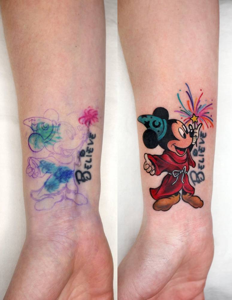 Mickey Mouse in 'Fantasia' cover up tattoo.