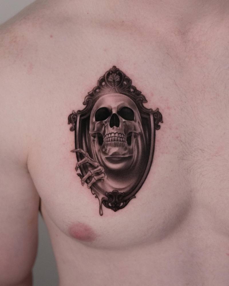 Skeleton and frame tattoo located on the chest, micro-realistic style.