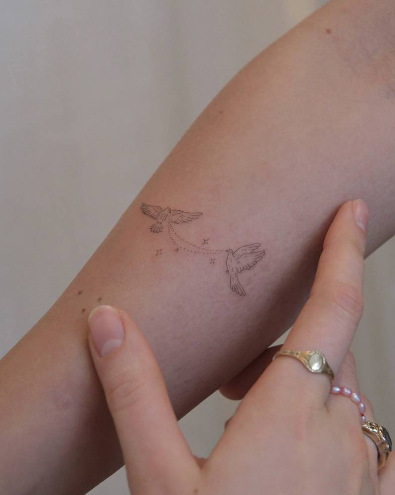 Fine line style dove couple tattooed on the inner forearm.