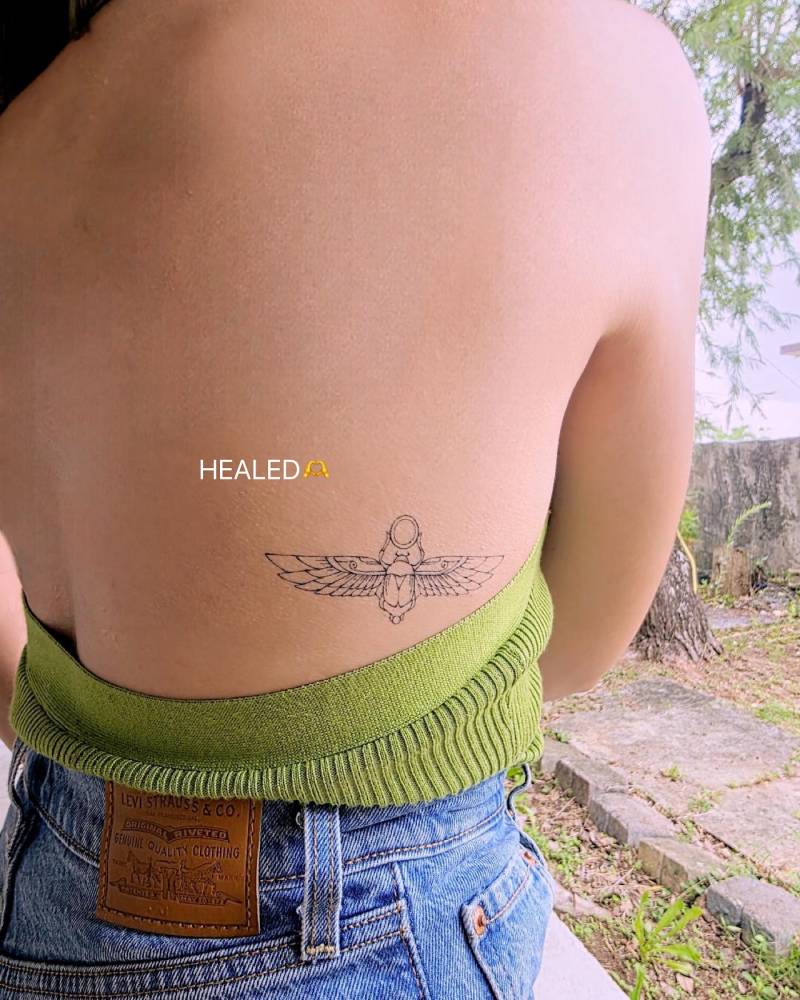 Healed scarab tattoo located on the back, fine line style.