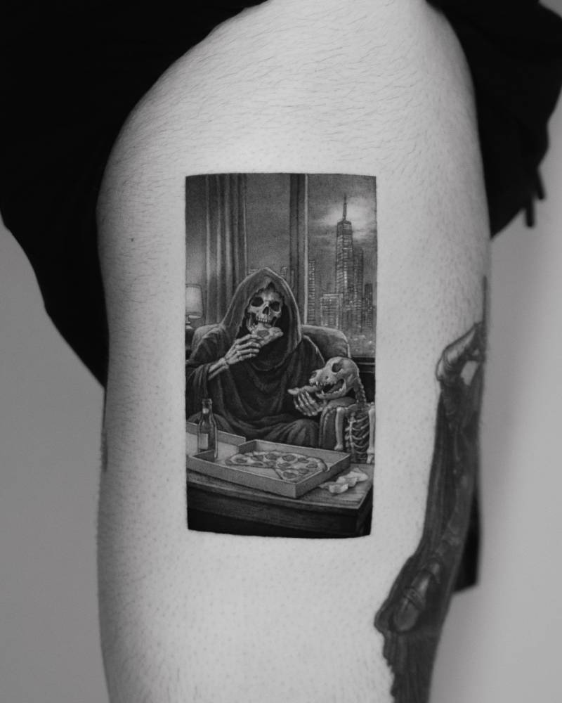 Grim Reaper and dog tattooed on the thigh, micro-realistic style.