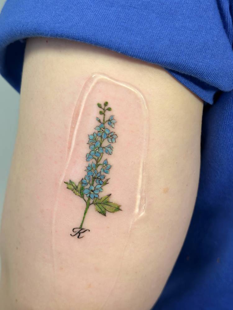 Delphinium tattoo in illustrative style located on the tricep.
