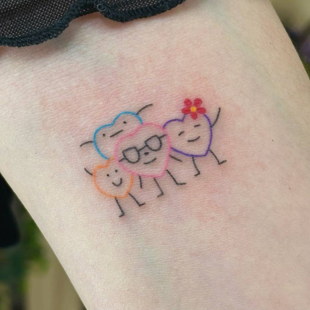 Heart family tattoo located on the inner forearm, minimalistic style.