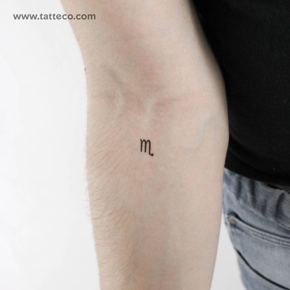 Scorpio zodiac symbol temporary tattoo in minimalistic style.