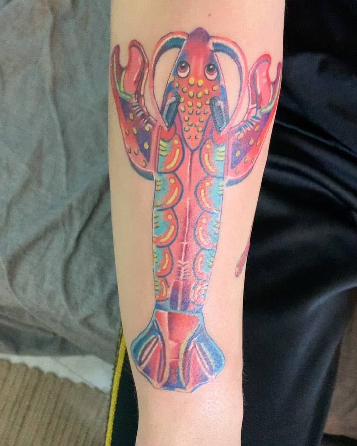 Lobster tattoo placed on the forearm.