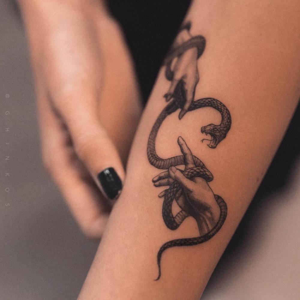The constant internal struggle between The Good and The Evil. A tattoo that symbolizes her conquering of identity as she remembers her deeply religious childhood but celebrates her paving her own path.