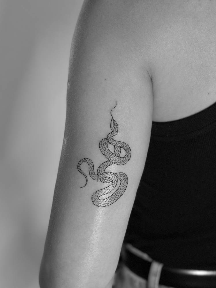 Fine line style snake tattoo located on the tricep.
