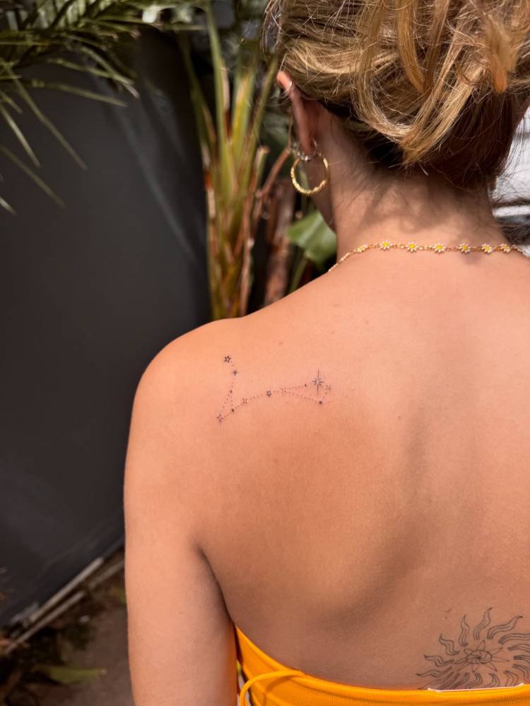 Fine line style Pisces constellation tattoo located on the shoulder blade.