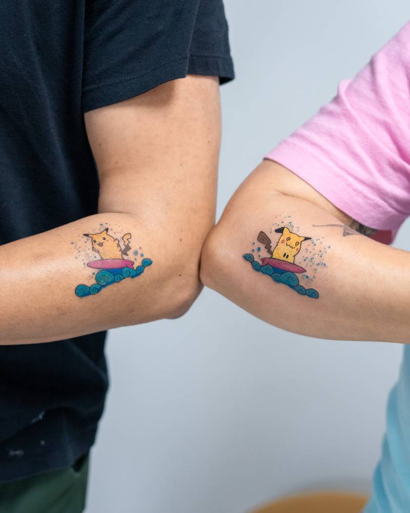 Matching Pikachu and Mimikyu tattoo for best friends.