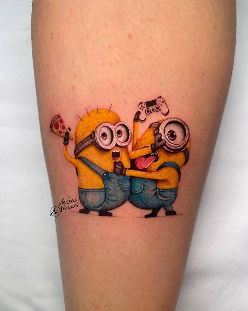 Minions tattoo located on the calf, cartoon style.