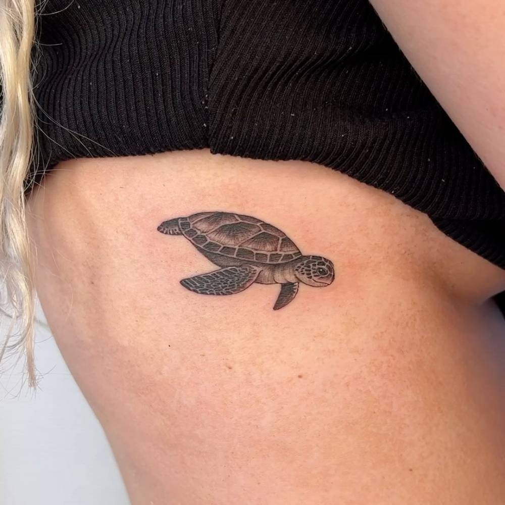 Turtle tattoo located on the rib, done in illustrative style.